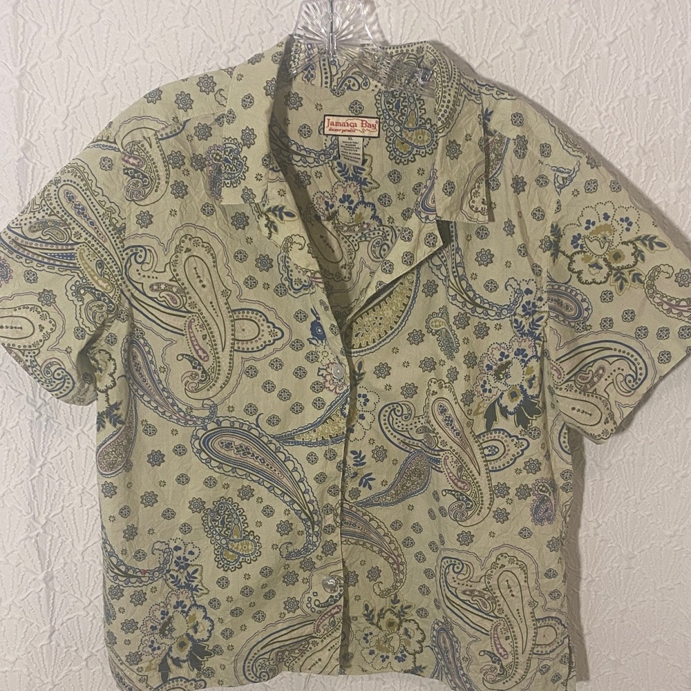 Paisley Button Down Shirt - Green whimsical feminine Unassuming Light & Airy